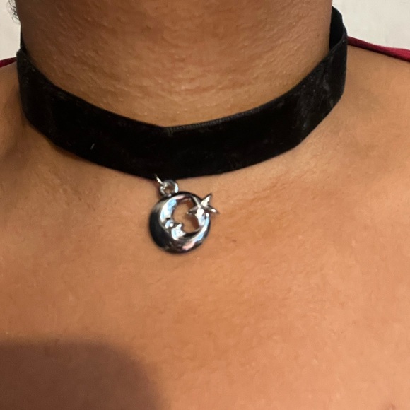 Upcycled Jewelry - Upcycled Silver Moon and Star Charm Pendant Black Velvet Band Choker